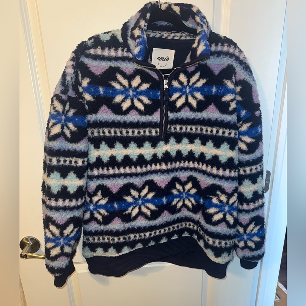aerie Navy & Multi Snowflake Half-Zip Fleece Pullover
